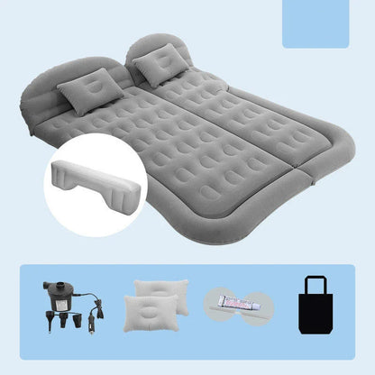 Premium inflatable car mattress with soft flocking material, compact folding design, and on-board electric pump for comfortable napping and relaxation during road trips and outdoor adventures.