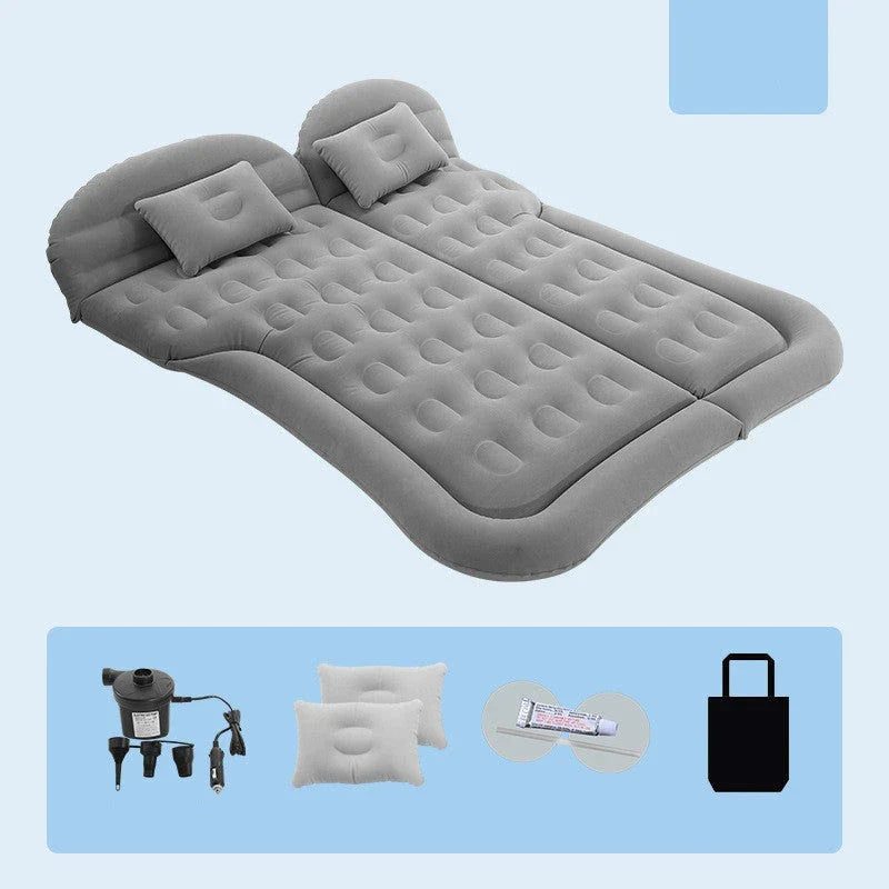 Premium inflatable car mattress with soft flocking material, compact folding design, and on-board electric pump for comfortable napping and relaxation during road trips and outdoor adventures.