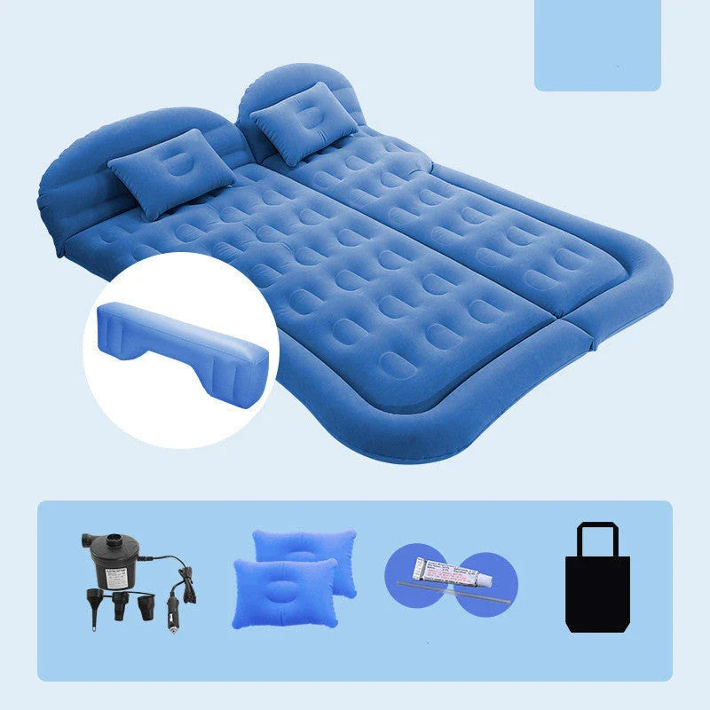 Premium inflatable car mattress with soft flocking material, compact folding design, and on-board electric pump for comfortable napping and relaxation during road trips and outdoor adventures.