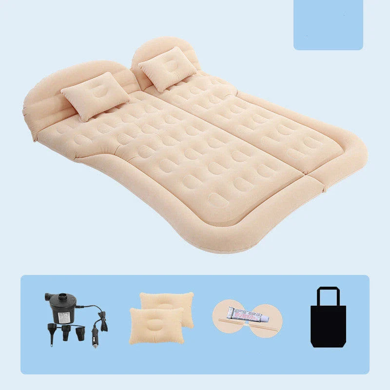 Premium inflatable car mattress with soft flocking material, compact folding design, and on-board electric pump for comfortable napping and relaxation during road trips and outdoor adventures.