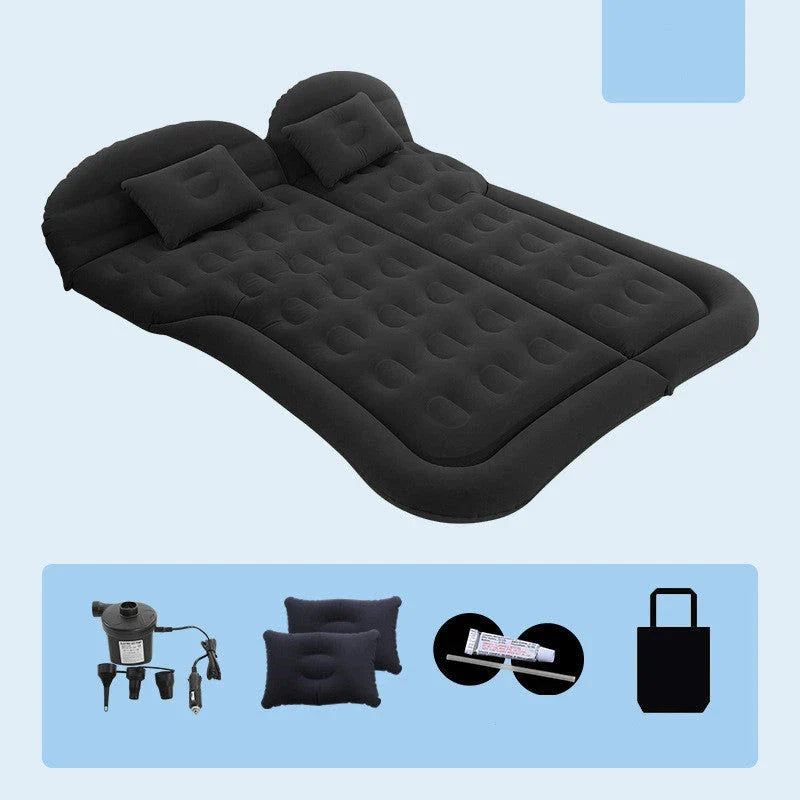 Premium inflatable car mattress with soft flocking material, compact folding design, and on-board electric pump for comfortable napping and relaxation during road trips and outdoor adventures.