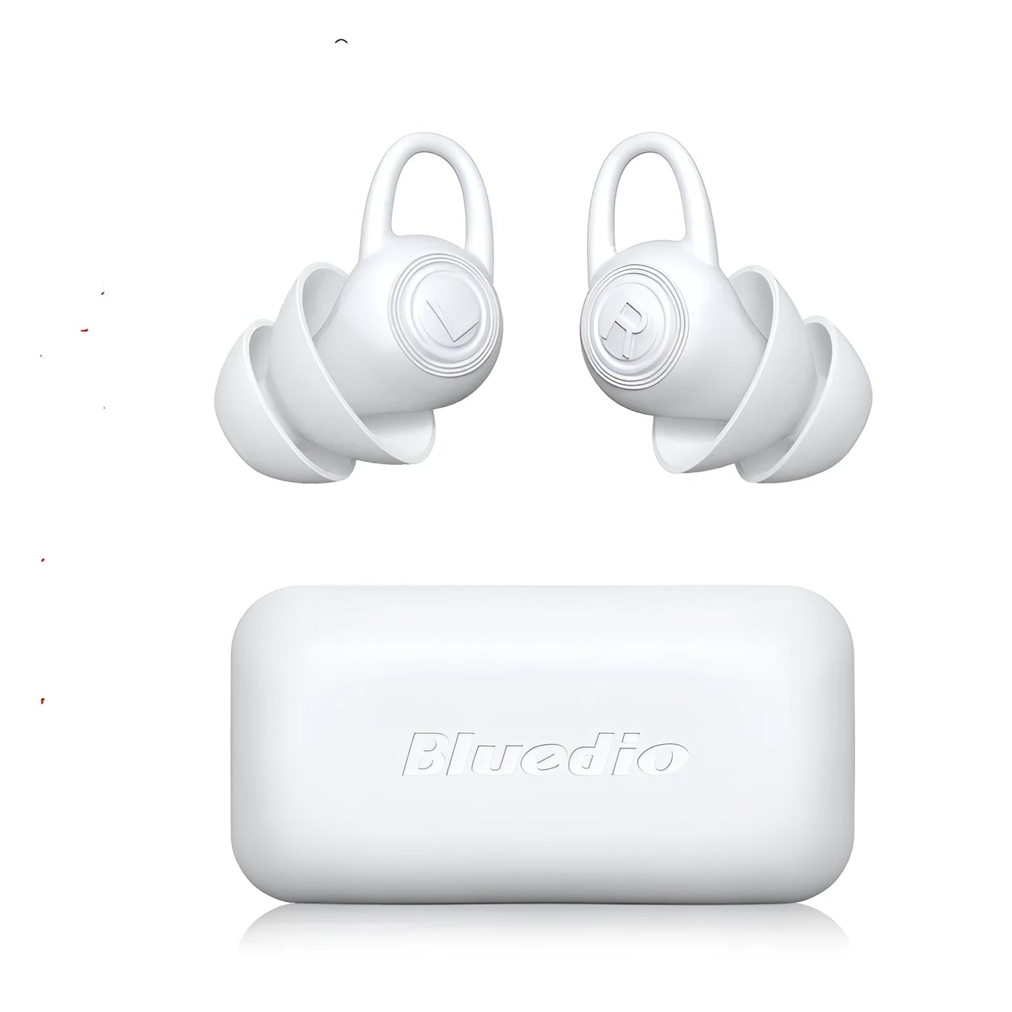 A single pair of white soft silicone ear plugs on a clean background.