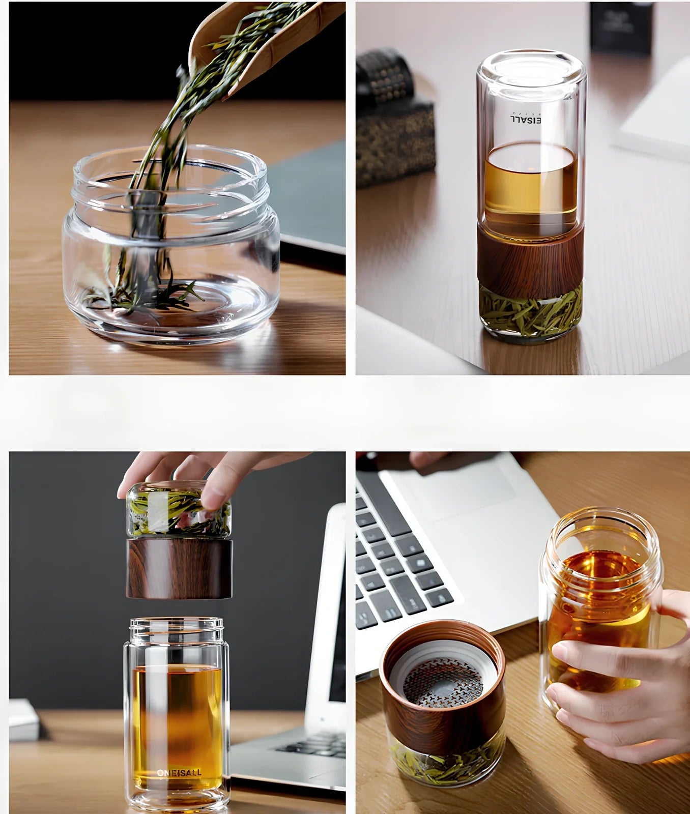 Wood grain separated tea cup with double-wall borosilicate construction and leak-proof lid showing measurement markings