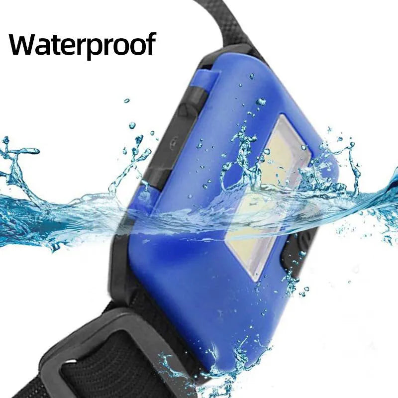 Outdoor Mini COB LED Headlight in blue, black, or red with polyester strap and 3W bulb for hands-free lighting