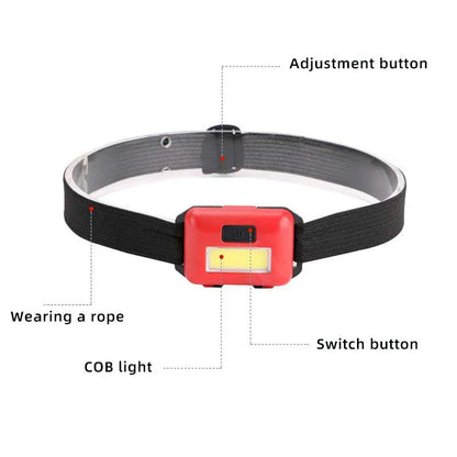 Outdoor Mini COB LED Headlight in blue, black, or red with polyester strap and 3W bulb for hands-free lighting