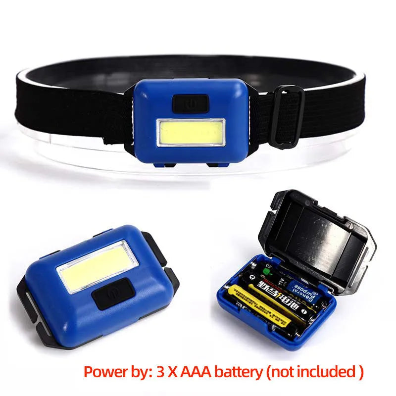 Outdoor Mini COB LED Headlight in blue, black, or red with polyester strap and 3W bulb for hands-free lighting