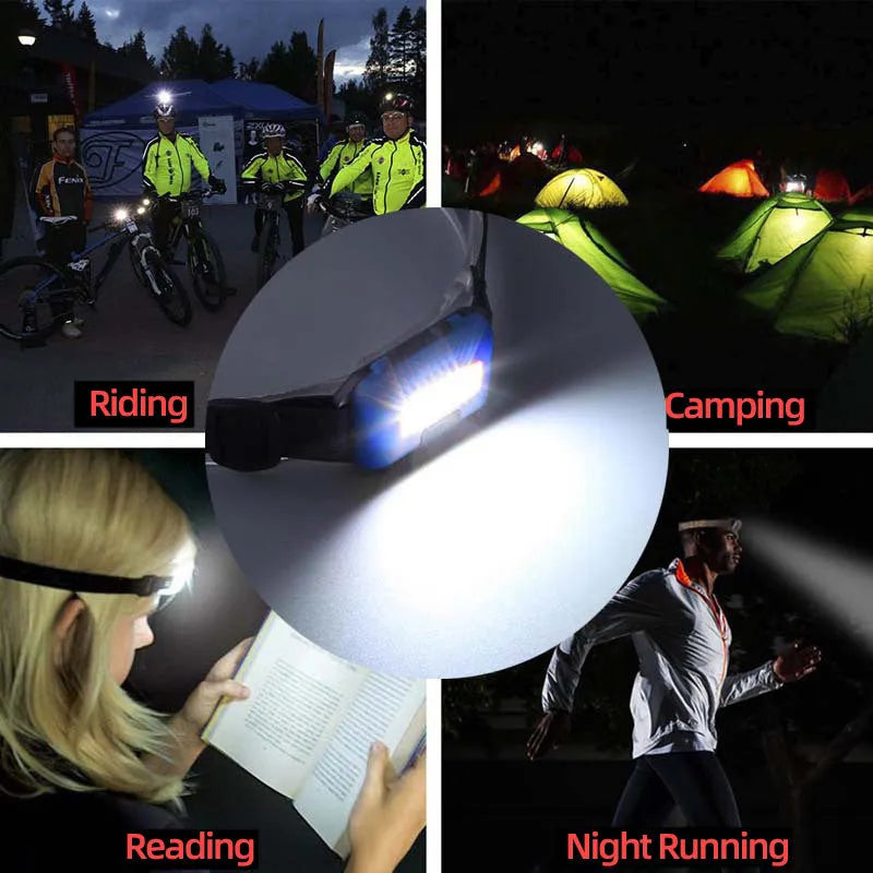 Outdoor Mini COB LED Headlight in blue, black, or red with polyester strap and 3W bulb for hands-free lighting