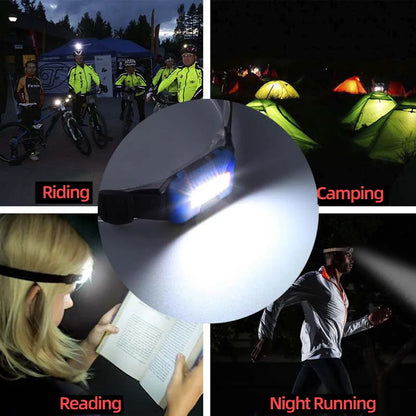 Outdoor Mini COB LED Headlight in blue, black, or red with polyester strap and 3W bulb for hands-free lighting