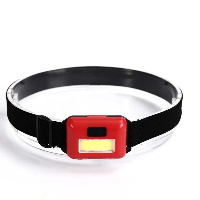 Outdoor Mini COB LED Headlight in blue, black, or red with polyester strap and 3W bulb for hands-free lighting