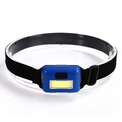 Outdoor Mini COB LED Headlight in blue, black, or red with polyester strap and 3W bulb for hands-free lighting