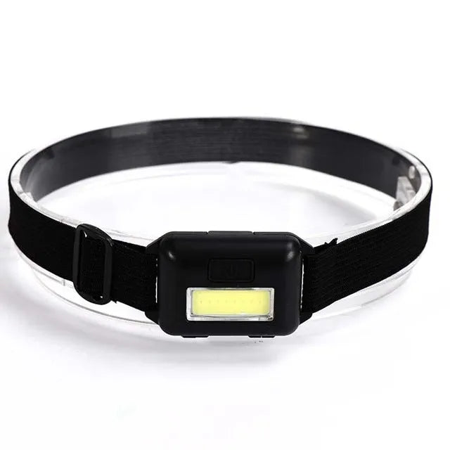 Outdoor Mini COB LED Headlight in blue, black, or red with polyester strap and 3W bulb for hands-free lighting