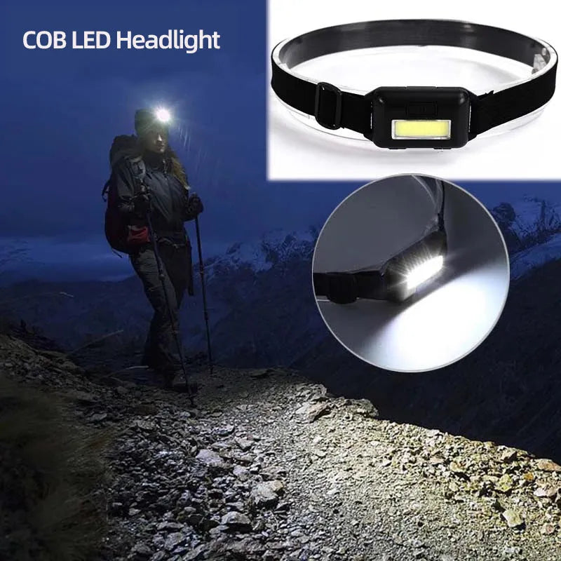 Outdoor Mini COB LED Headlight in blue, black, or red with polyester strap and 3W bulb for hands-free lighting
