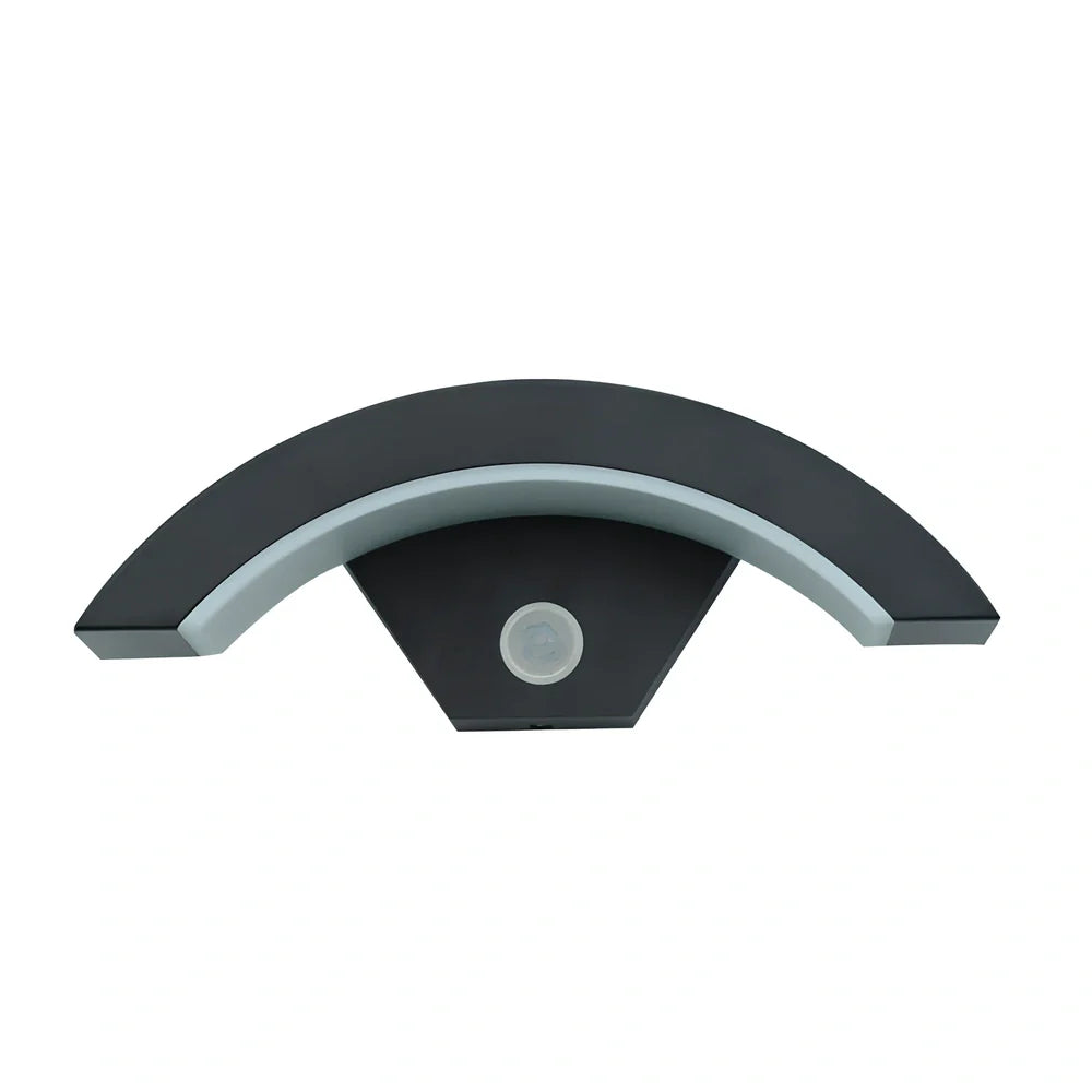 Curved moon-shaped LED wall light with motion sensor, acrylic shell, dimensions 290x100x91mm