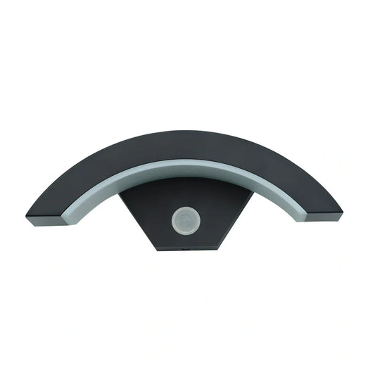 Curved moon-shaped LED wall light with motion sensor, acrylic shell, dimensions 290x100x91mm