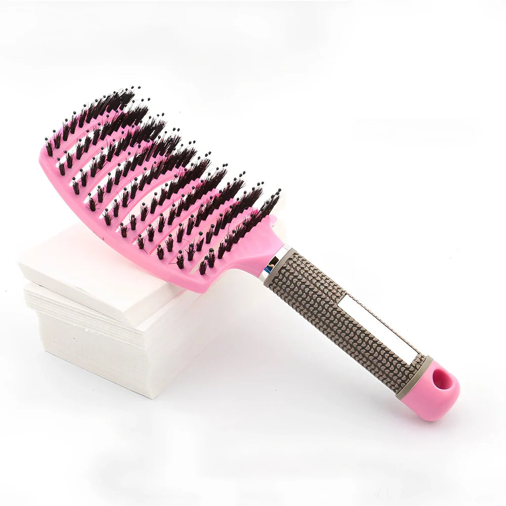 Large curved hairbrush with boar bristles showing 15cm width and natural bristle distribution