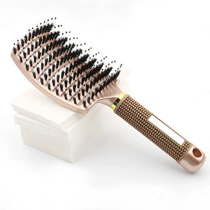 Large curved hairbrush with boar bristles showing 15cm width and natural bristle distribution