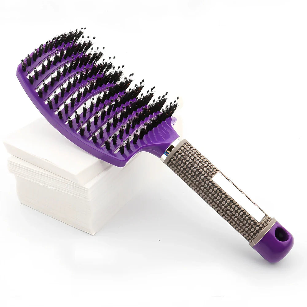 Large curved hairbrush with boar bristles showing 15cm width and natural bristle distribution