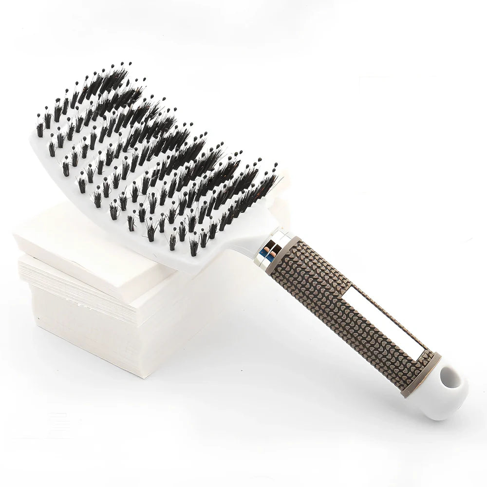 Large curved hairbrush with boar bristles showing 15cm width and natural bristle distribution
