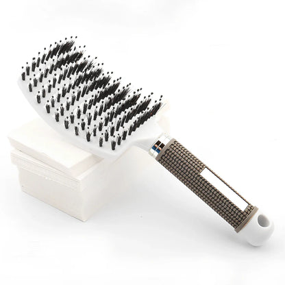 Large curved hairbrush with boar bristles showing 15cm width and natural bristle distribution