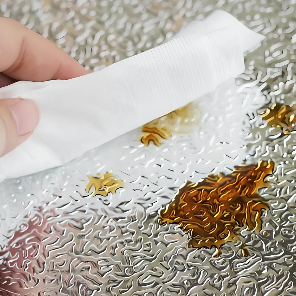 Silver aluminium foil kitchen wallpaper with 30/90cm dimensions for grease and water protection
