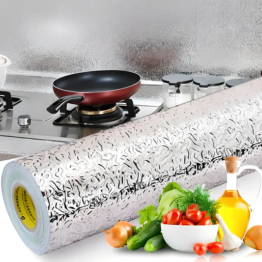 Silver aluminium foil kitchen wallpaper with 30/90cm dimensions for grease and water protection