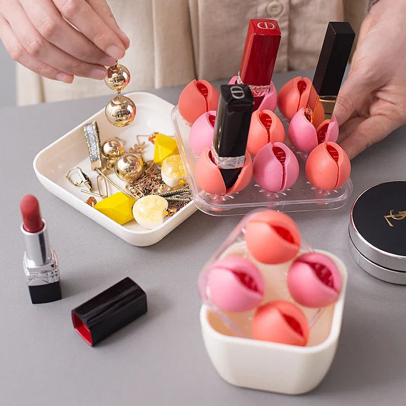 Stylish lipstick organizer box with unique flower petal design, made from durable ABS plastic and TPE silicone materials