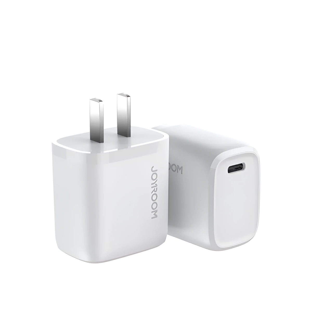 Travel charger with USB-C port in black, blue, or white colours with UK EU US plug options