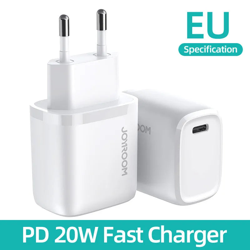 Travel charger with USB-C port in black, blue, or white colours with UK EU US plug options