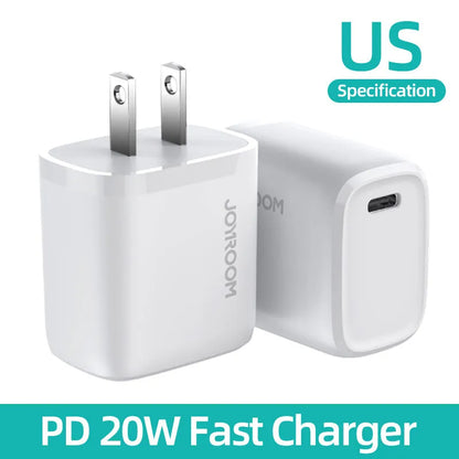 Travel charger with USB-C port in black, blue, or white colours with UK EU US plug options