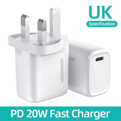 Travel charger with USB-C port in black, blue, or white colours with UK EU US plug options