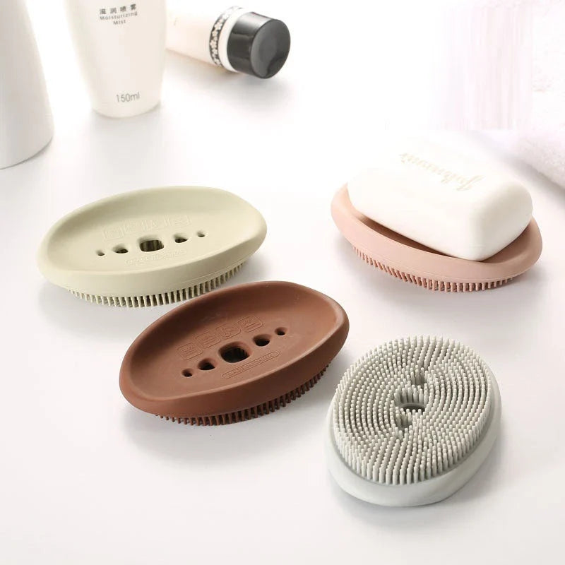 Multifunctional silicone soap holder and cleaning brush set in various Nordic-inspired colors and shapes