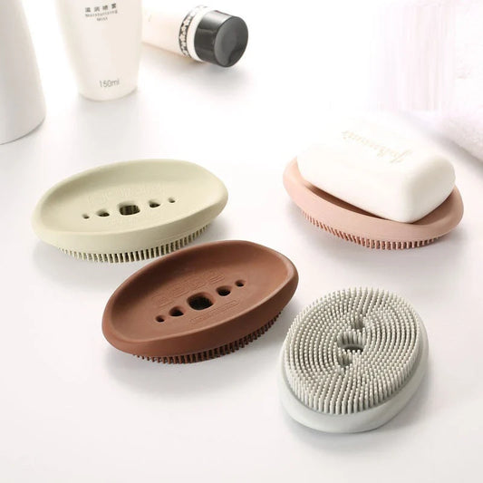 Multifunctional silicone soap holder and cleaning brush set in various Nordic-inspired colors and shapes
