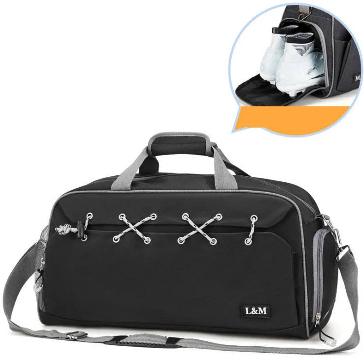 Sports gym bag with shoe compartment and waterproof pocket for wet-dry separation