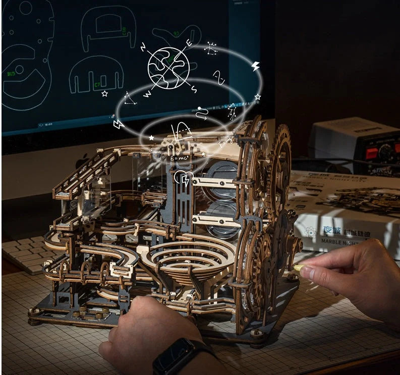 Marble Night City 3D Wooden Puzzle with steel marbles and multiple tracks