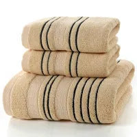 100% cotton bath towel set showing white, grey, and khaki colour options