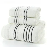 100% cotton bath towel set showing white, grey, and khaki colour options
