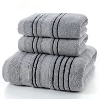 100% cotton bath towel set showing white, grey, and khaki colour options