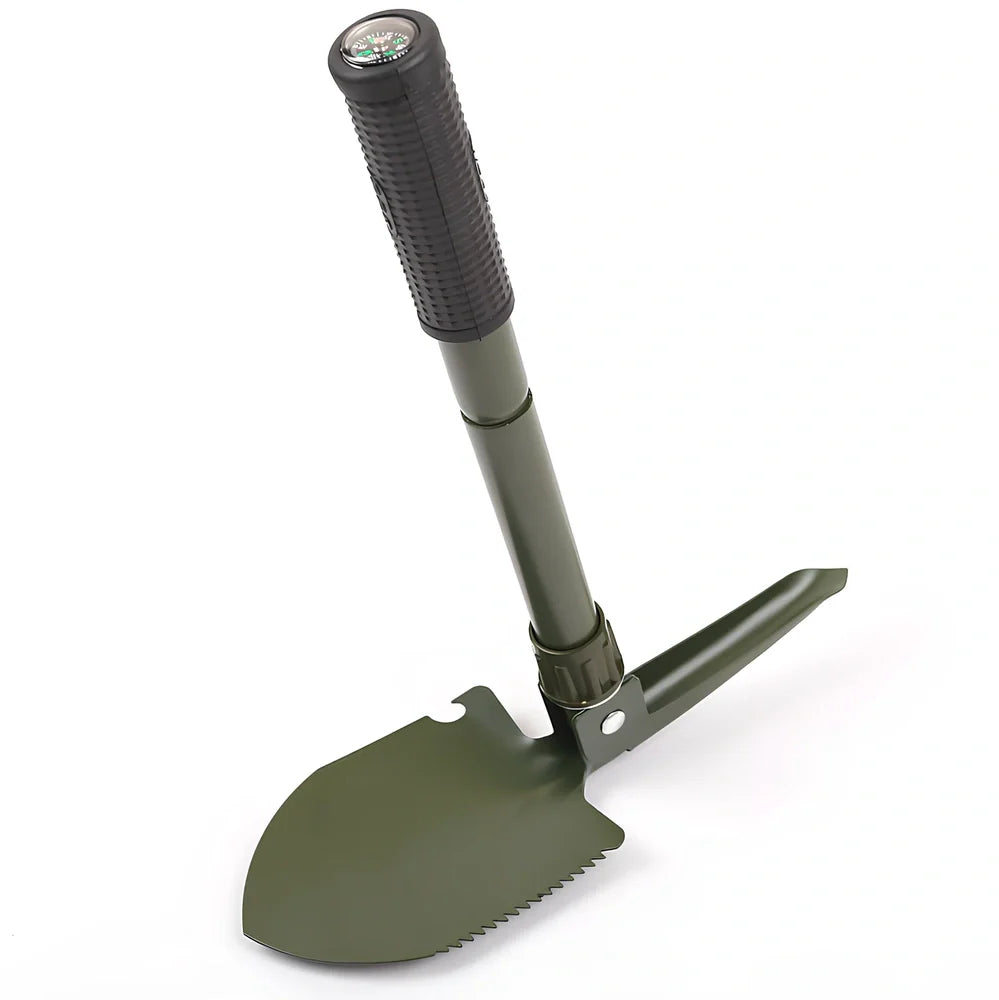 Military folding shovel extended to 40cm with pick end and saw blade visible