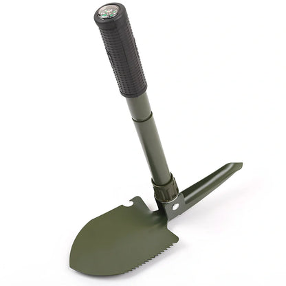 Military folding shovel extended to 40cm with pick end and saw blade visible