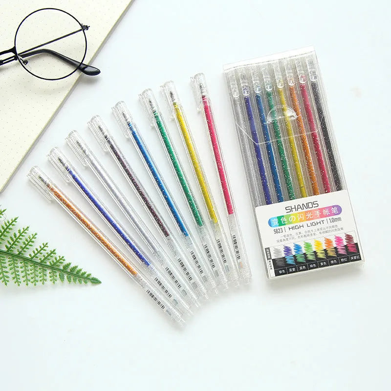 Shanzhi 623 colour-changing flashing hand account pen set with eight 16cm plastic ballpoint pens