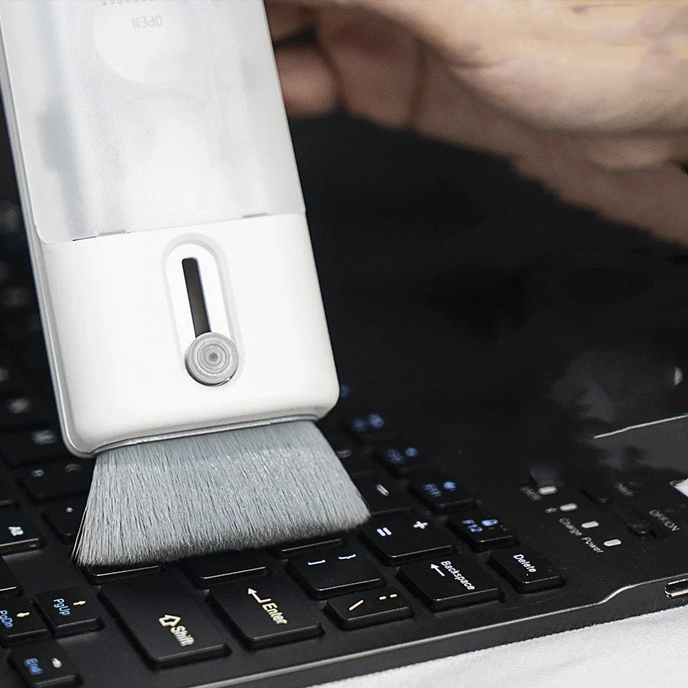 White Bluetooth headset cleaning kit pen with six tools, 105mm length, 29.5mm diameter, and two microfibre cloths