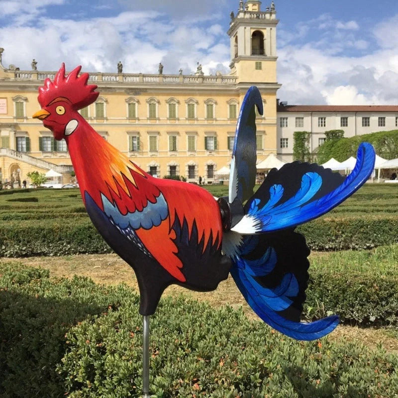 Handmade rooster windmill garden statue with vibrant colors and waterproof design