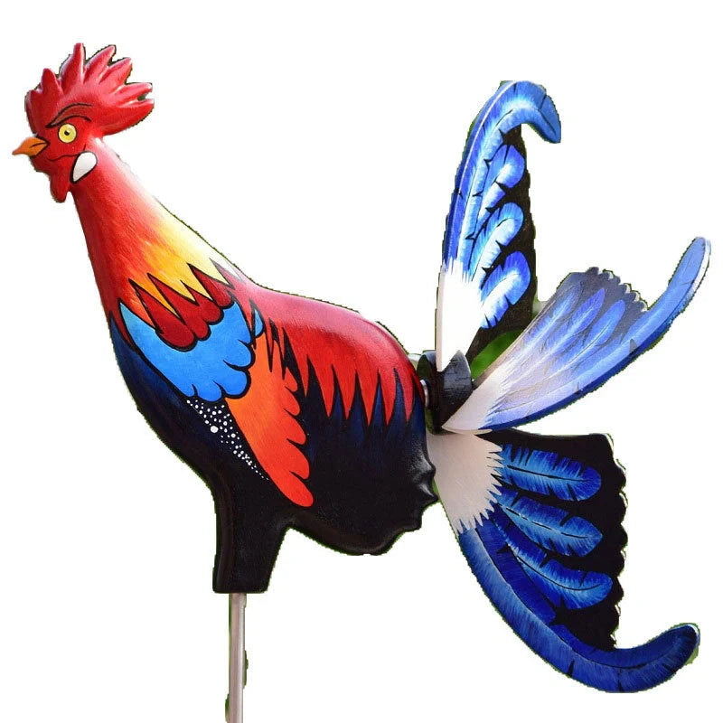 Handmade rooster windmill garden statue with vibrant colors and waterproof design