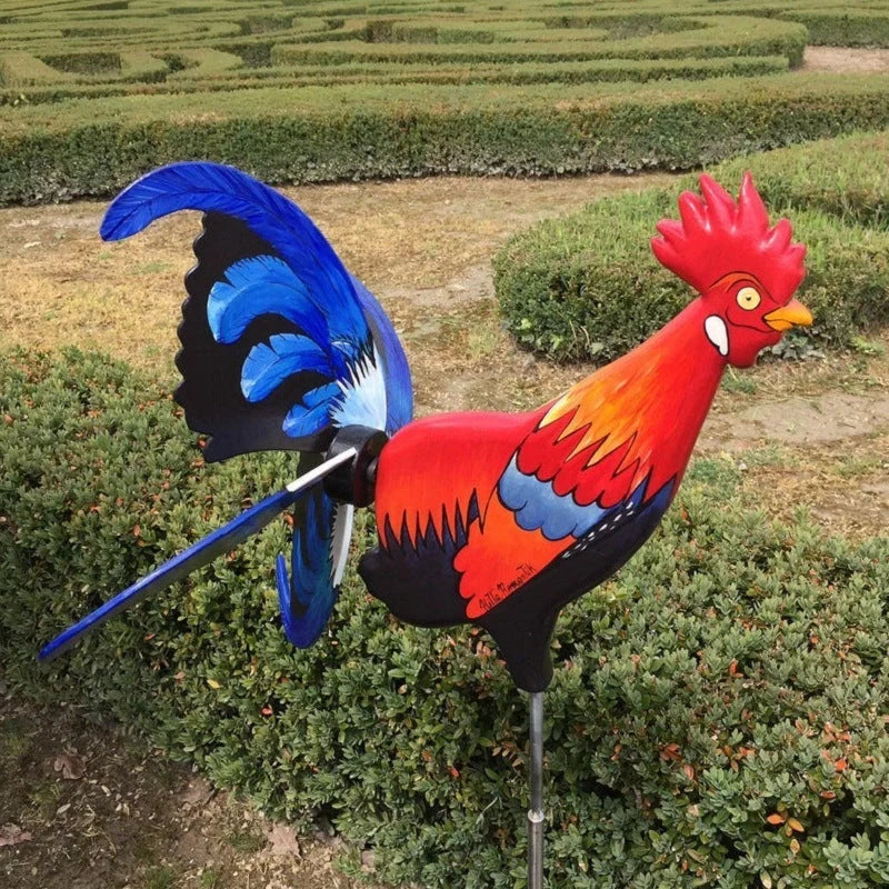 Handmade rooster windmill garden statue with vibrant colors and waterproof design