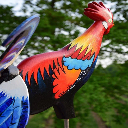 Handmade rooster windmill garden statue with vibrant colors and waterproof design