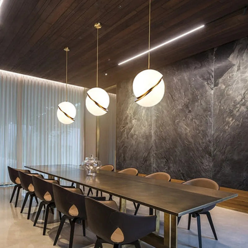 Nordic single head LED pendant light with white glass ball lampshade and iron body, 20cm or 25cm, 220V