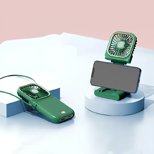 Mini portable fan with lanyard showing three-speed control and 3000mAH battery capacity