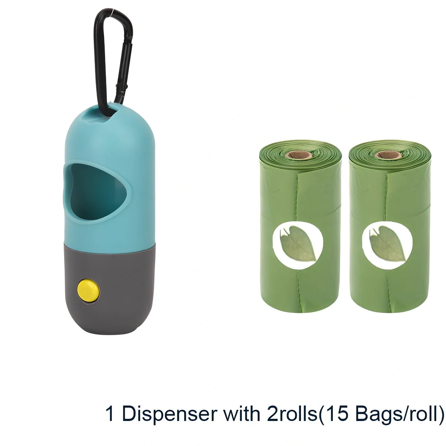 Grey-blue LED pet waste bag dispenser with metal carabiner clip measuring 10x4.5cm