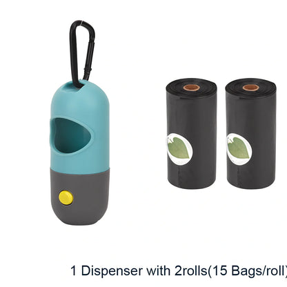 Grey-blue LED pet waste bag dispenser with metal carabiner clip measuring 10x4.5cm