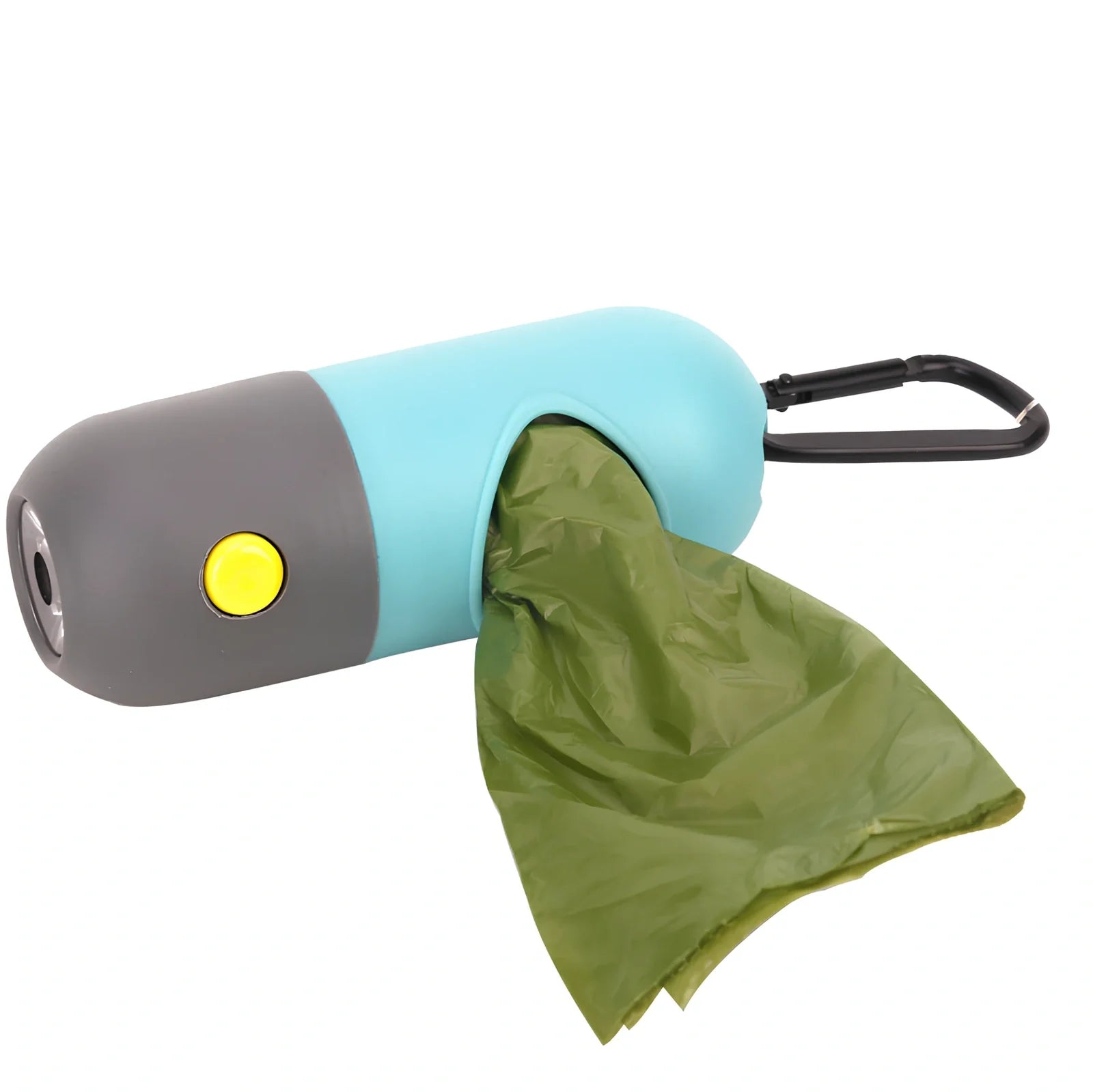 Grey-blue LED pet waste bag dispenser with metal carabiner clip measuring 10x4.5cm